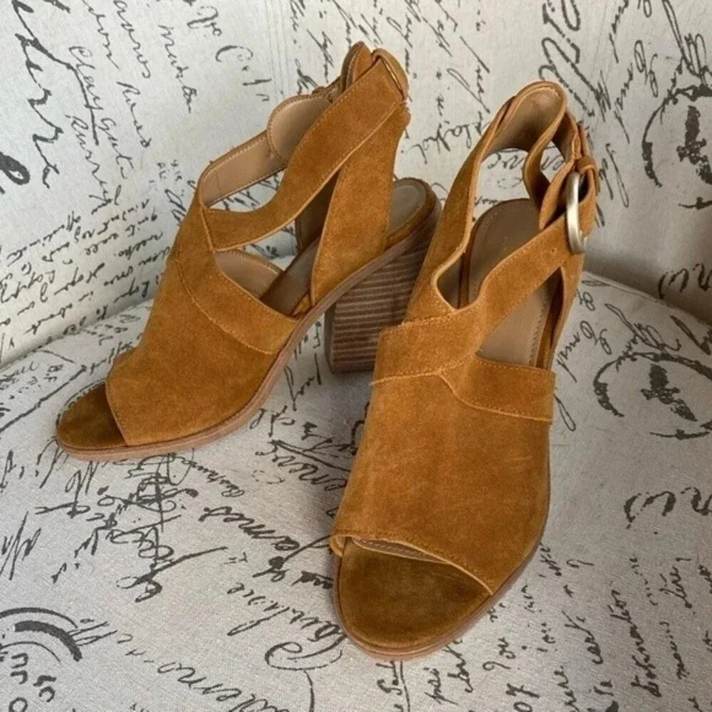 NEW, Marc Fisher, Vega, Suede Peep Toe Sandal, Stacked Block‎ Heel, Tan, Brown